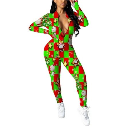 

Paille Christmas Womens Pajama Jumpsuits One Piece Sleepwear Zip Bodysuit Slim Fit Underwear Set Long Sleeve Union Suit