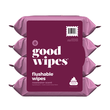 Goodwipes Flushable Butt Wipes, Plant Based, Rosewater Scented, 4 Pack, 200 Total XL Wipes