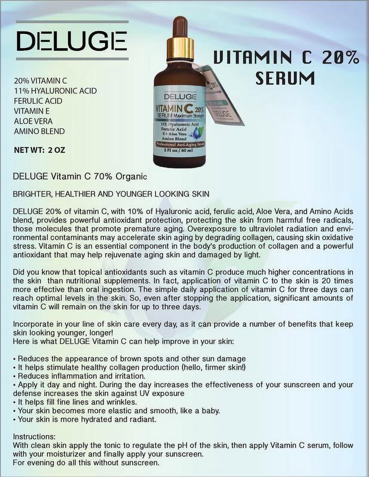Deluge Vitamin C Face Serum with Aloe, Hyaluronic Acid, Vitamin E, & Ferulic Acid – Brightening & Collagen Boosting Formula (2 FL oz)