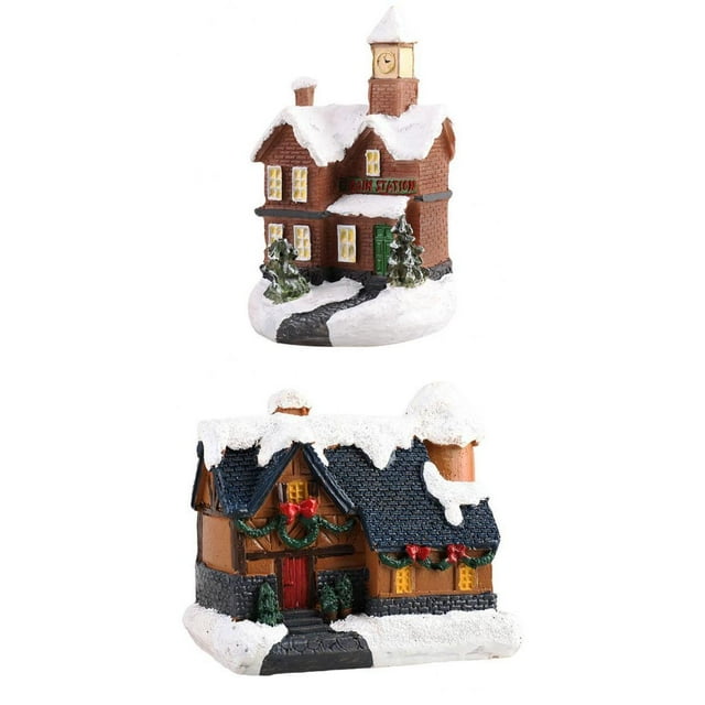 2pcs resina navideña casa de nieve LED pueblo conjunto decoración de escritorio