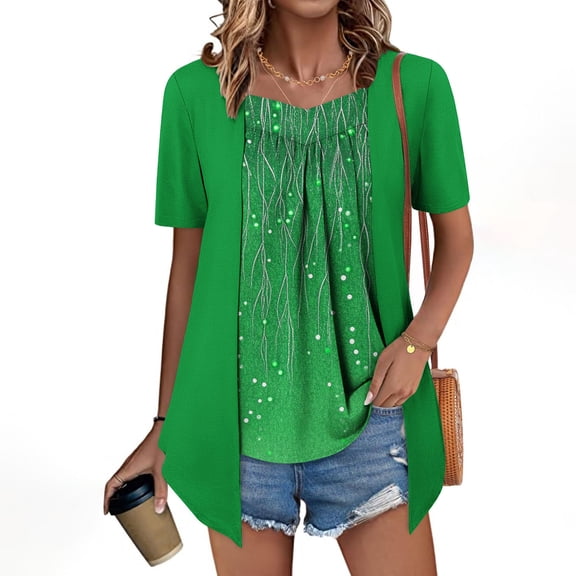 Xuyuer Women's Print Flat Collar Long Hem Two-Tone Short Sleeve Top - Casual Layered Blouse with Extended Back for Everyday Wear