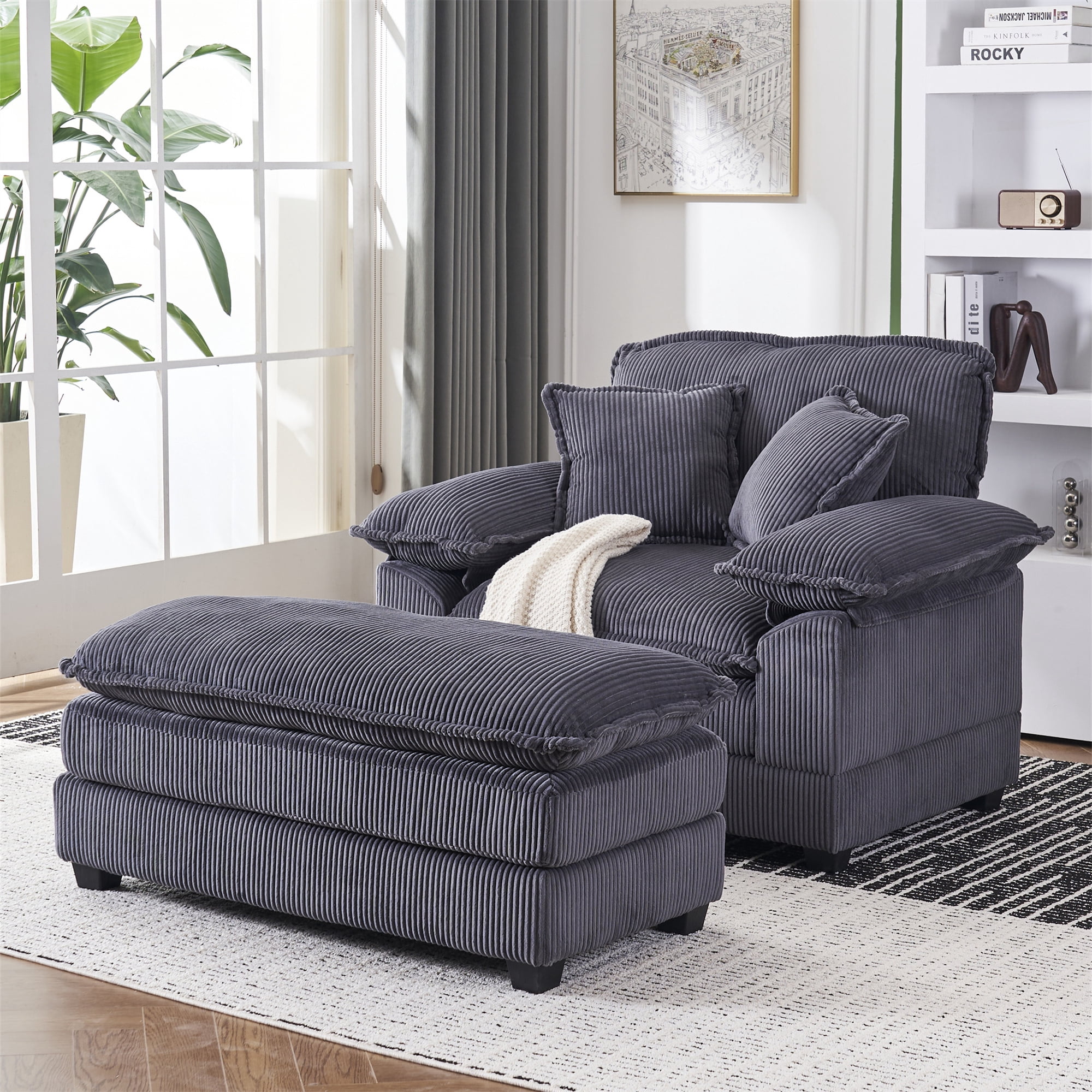 Aukfa Corduroy Modular Couch Deep Seat Sofa and Ottoman, Dual-layer Seat Cushion, 5Pillows, Gray