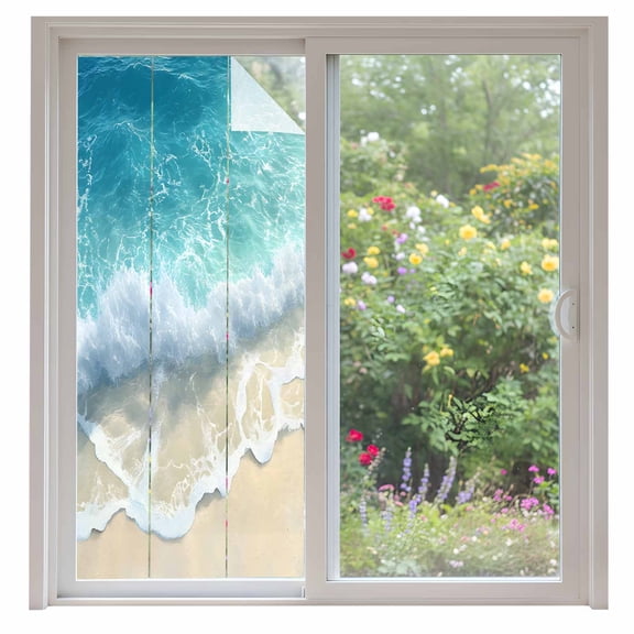 Blue Ocean Beach Waves Window Privacy Film Modern Art Decoration Decorative Glass Window Film UV Blocking Static Cling Non-Adhesive Sticker Covering for Home Door 35.4x78.7 inches
