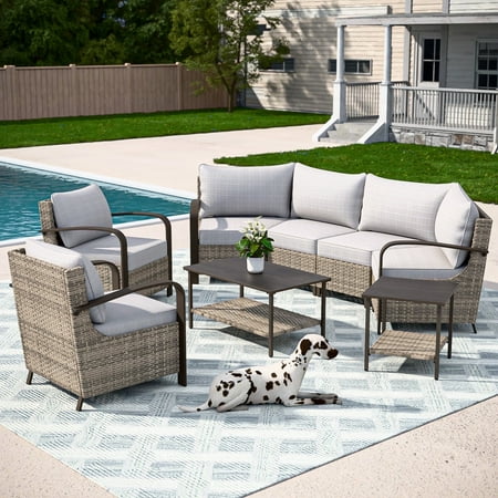 COOS BAY Aurora Terrace 6-Person Brown Wicker Rattan Patio Conversation Set Sectional Seating Group Metal Curved Armrest Lounge Chairs Coffee Tables Beige Cushion