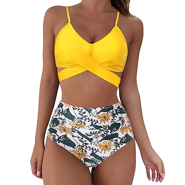 Conjunto de bikini para mujer, traje de baño de dos piezas, cintura alta, cuello en V, frente torcido, correas espaguetis ajustables, traje de baño