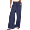 thumbnail image 2 of Tittly Wide Leg Pants Woman Baggy Pants Linen Pants Women Summer Wide Leg Pants Drawstring Elastic Waist Pants High Waisted Pants Casual Beach Trousers Comfy Pants Women Sweatpants Women Dark Blue L, 2 of 5