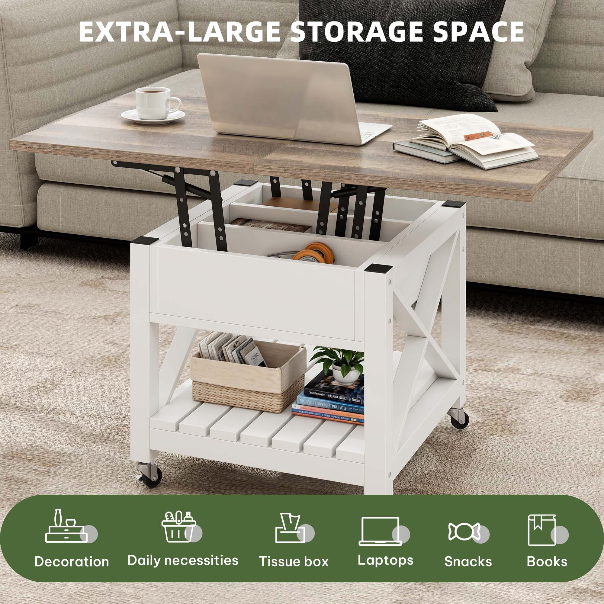 Uforic Square Dining Table Lift Top Coffee Table with Wheels, Square Dining Table, Oak