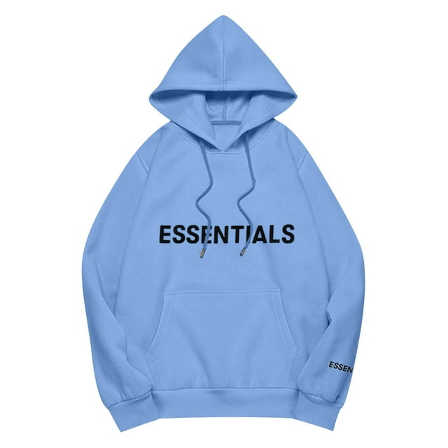 Pullover Hoodie with Adjustable Drawstring Hood and Front ESSENTIALS Lettering Print Casual Loose Fit Design Blue M