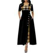 Falimottype Women's Fashion Half Sleeve Plaid Print Button Detail Maxi Dress Plus Size