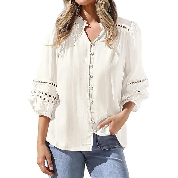 BTFBM 3/4 Length Sleeve Womens Tops Summer Blouses Eyelet Hollow Out Button Down Shirts Business Casual Outfits