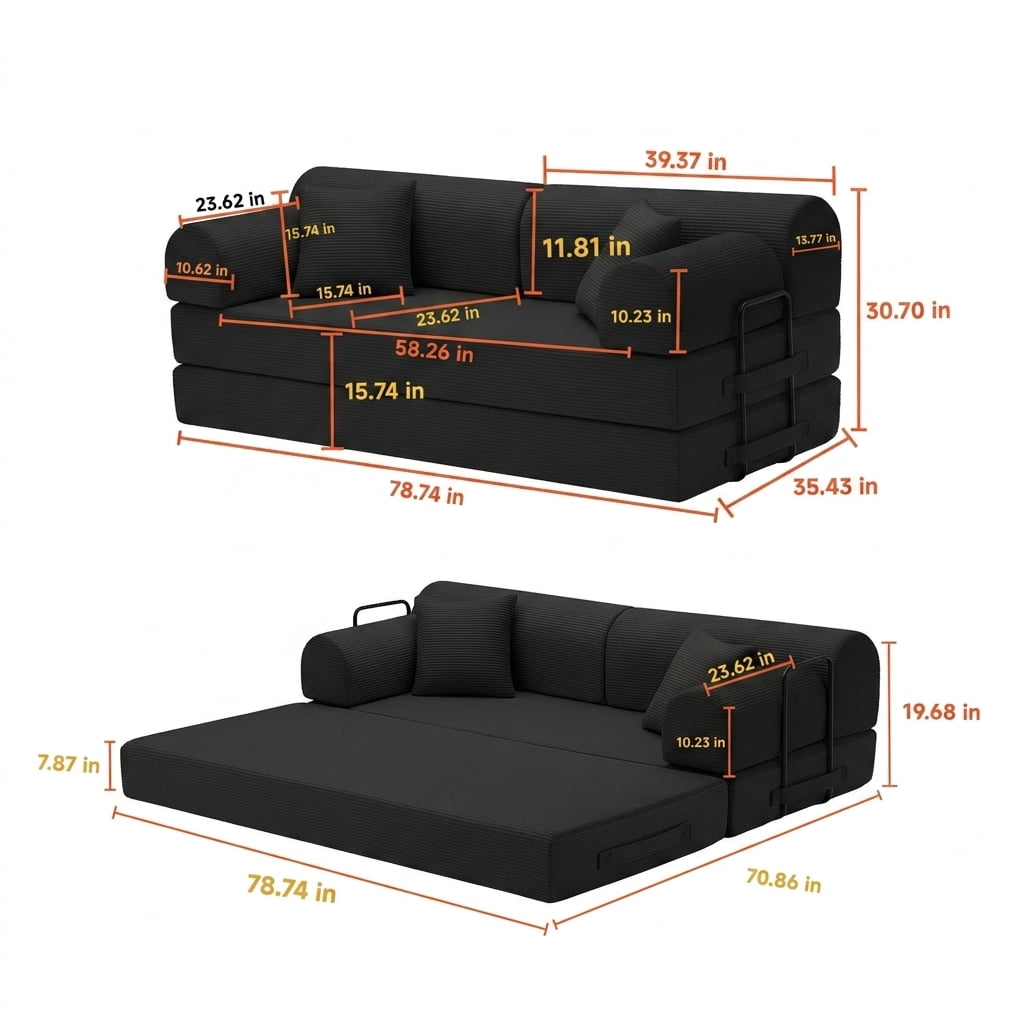 Hommoo Modern Convertible Sleeper Sofa Couch Bed, Compressed Corduroy Fabric Floor Sofa Couch with Fixed-Shape Frame, Black