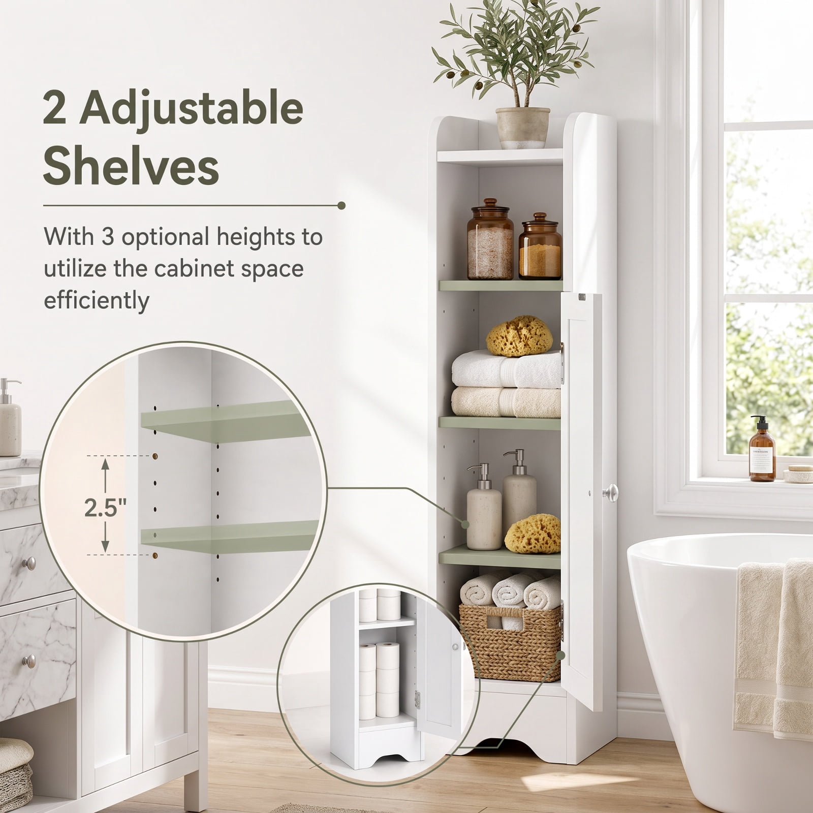 Vebreda Slim Freestanding Corner Bathroom Storage Cabinet with 1 Door & Adjustable Shelves, 5-Tier Narrow Floor Organizer with Anti-Tip Kit for Small Bathroom, White