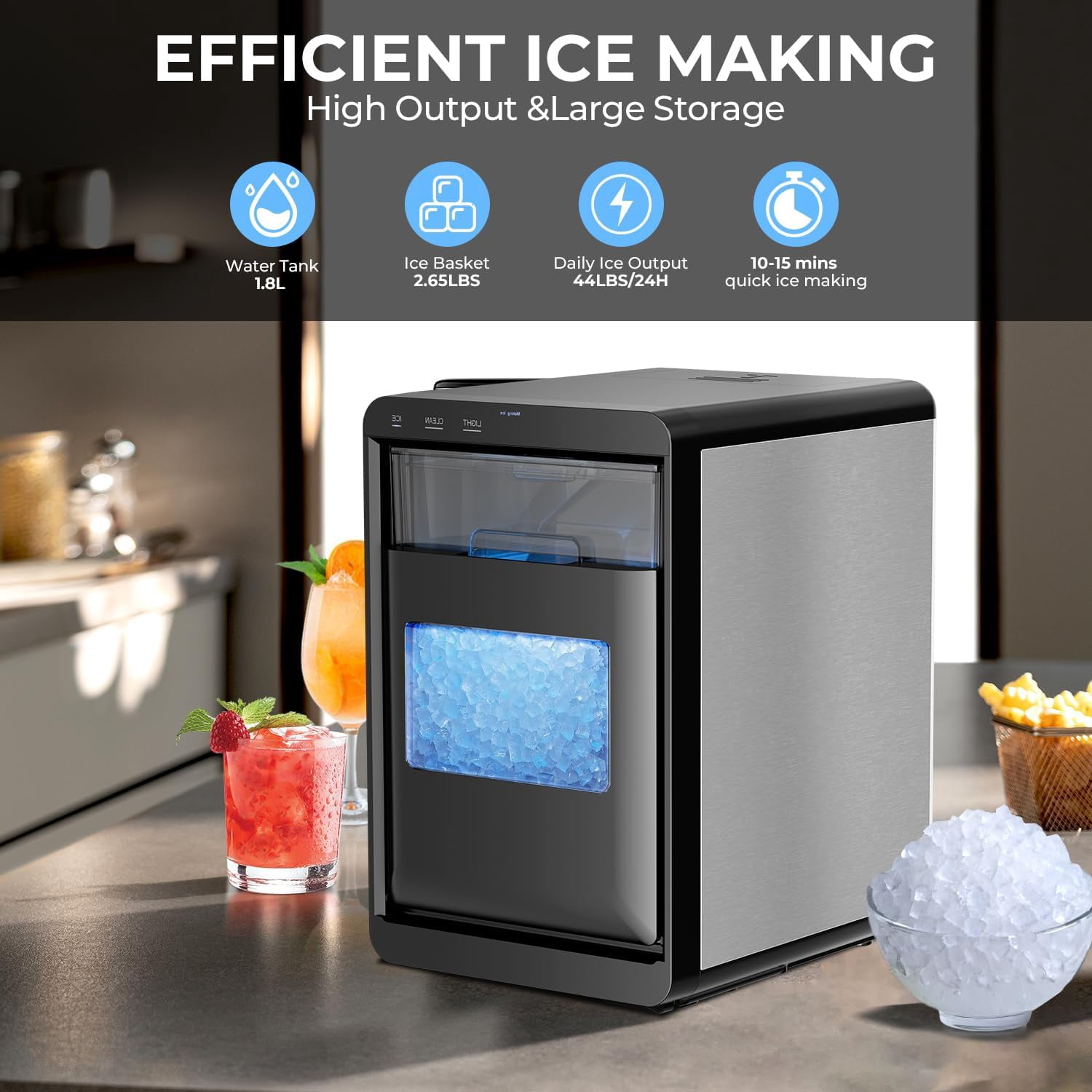 Portable Countertop Ice Maker Machine, 6-Minute 8-Cube Bullet Ice, 26lb Daily, 2 Sizes, Energy Saving with Basket for Home Travel Camping Bar