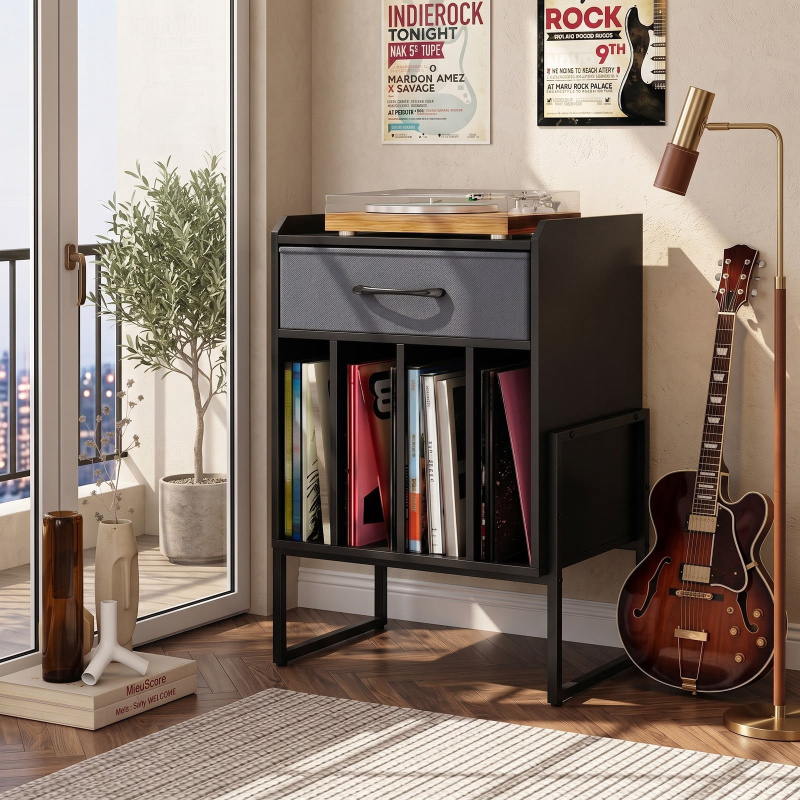Furnibear Record Player Stand with Storage Drawer and Vinyl Record Holder, Turntable Table with Metal Frame and Wide Top for Living Room Music Room Study, Black