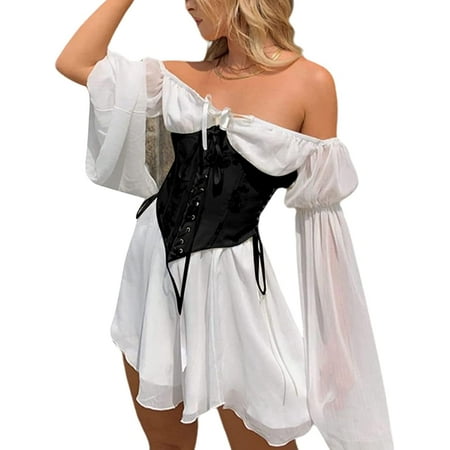 

DanceeMangoos Fairy Dress Cottagecore Dress Coquette Aesthetic Clothes Off Shoulder Lace Up Long Puff Sleeve Swing Dress with Bustier
