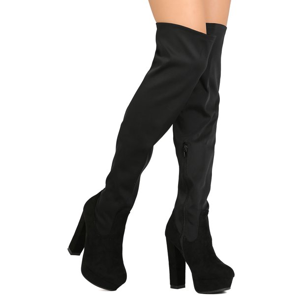 Refresh - New Women Refresh Rihana-01 Mixed Media Over The Knee Platform Chunky Heel Boot