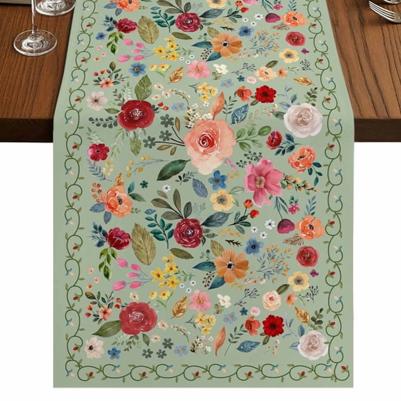 Sage Green Floral 72 Inch Table Runner, Spring Flowers Leaves Farmhouse Farmhouse Dresser Scarf Cotton & Linen Tablerunner for Dining/Kitchen Island/Holiday Party Décor 13" x 72"
