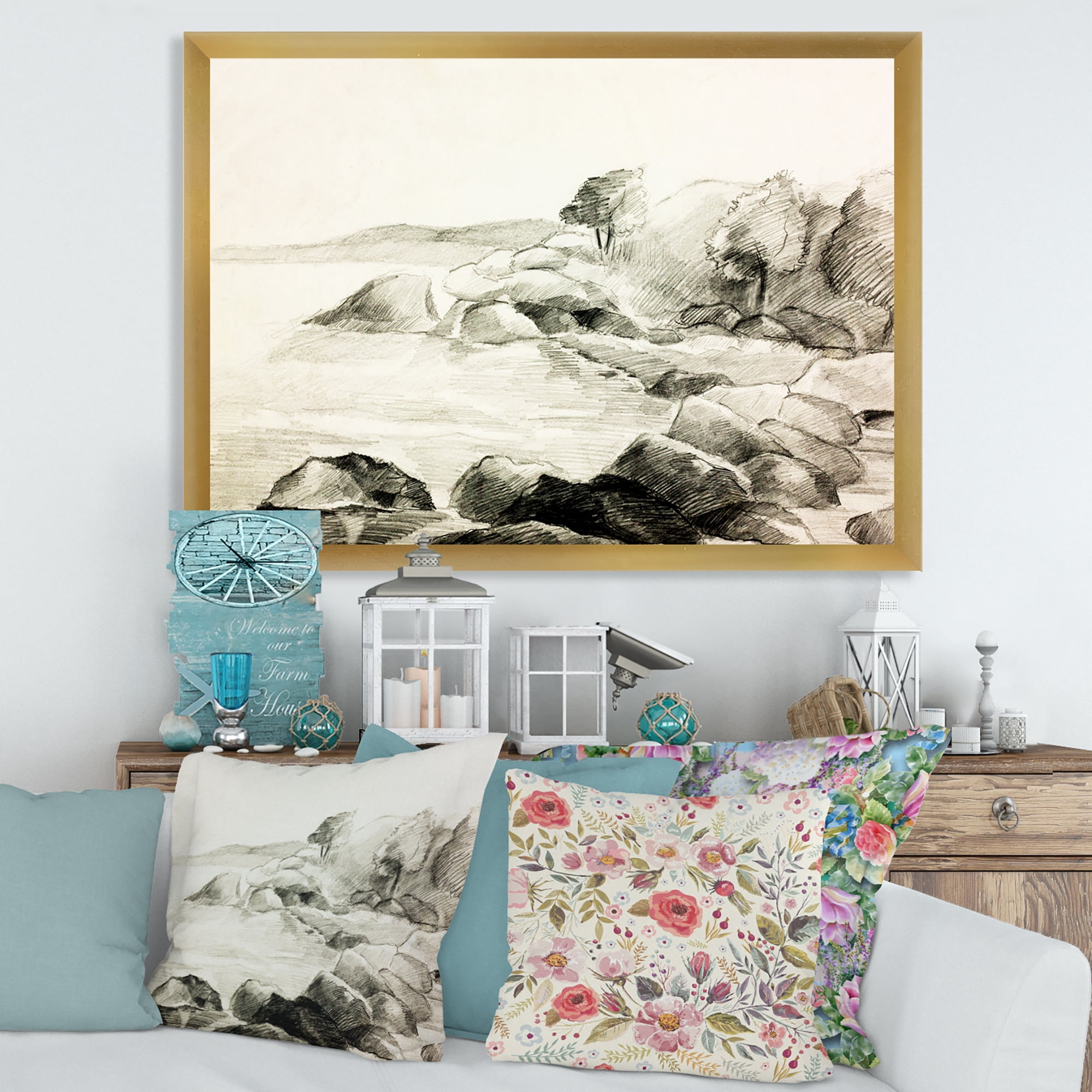 Designart 'Black and White Lake Shore' Nautical & Coastal Framed Art Print