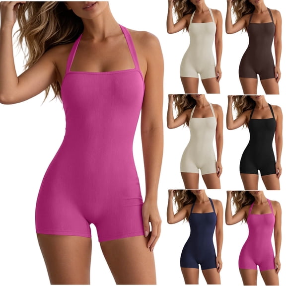 Miqool One Piece Bodysuit for Women Halter Square Neck Backelss Body Shaper Yoga Workout Shorts Jumpsuits