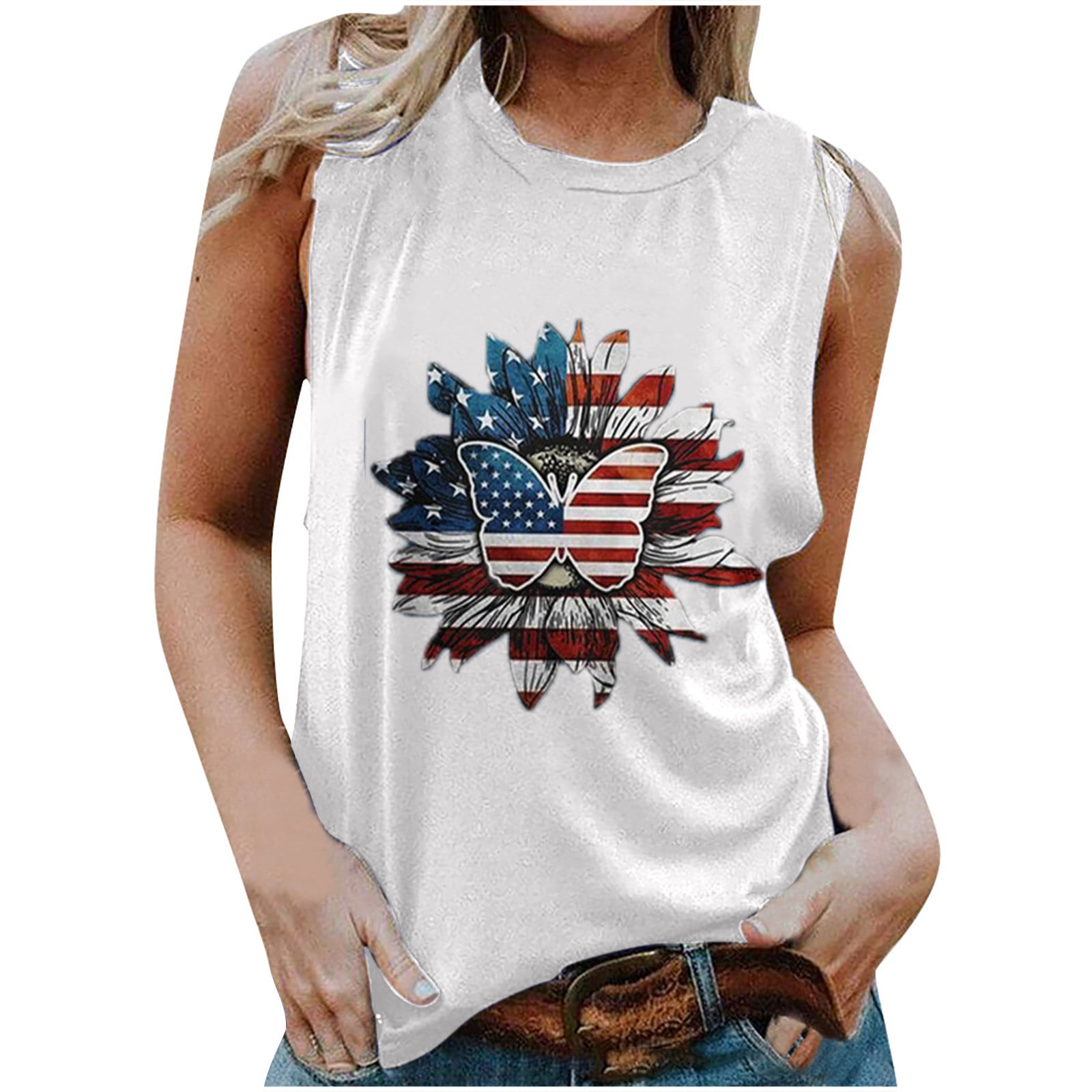 Toponly Womens V-neck Flag Sleeveless Knot Tunic Stars and Strips Patriotic Tank Tops 