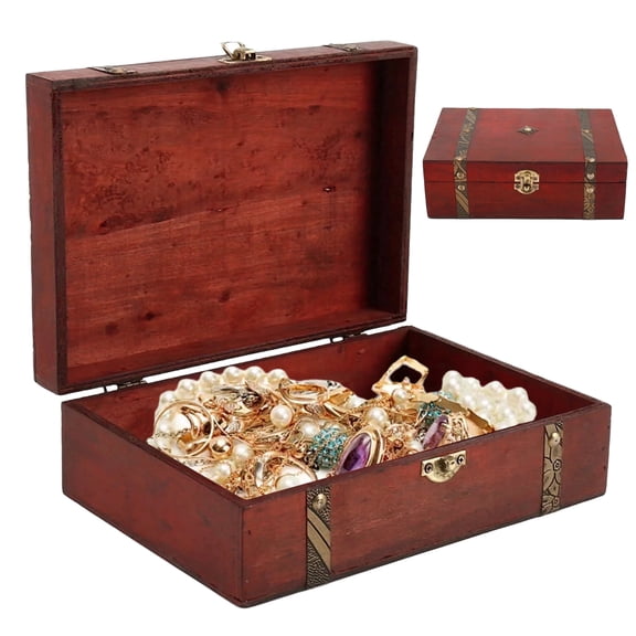 Vintage Wooden Storage Box with Hinged Lid and Key Lock, Decorative Wooden Keepsake Box for Jewelry, Letters and Small Items