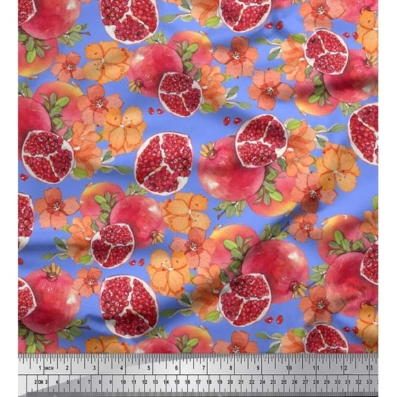 Soimoi Poly Georgette Fabric Leaves,Floral & Pomegranate Fruits Printed Fabric 1 Yard 42 Inch Wide