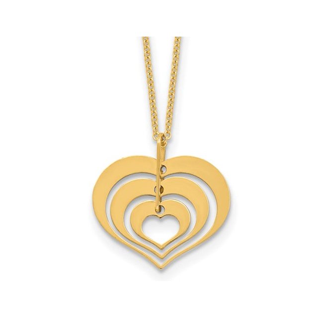 14K Yellow Gold Triple Heart Charm Pendant Necklace with Chain