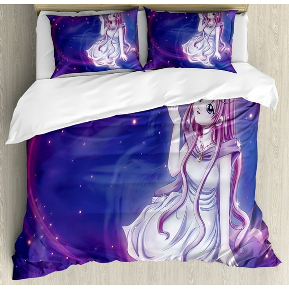 Anime Duvet Cover Set, Purple Anime Sitting in Theme of Zodiac Astrology Horoscope Sign Artprint, Decorative 3 Piece Bedding Set with 2 Pillow Shams, King Size, Purple Blue, by Ambesonne