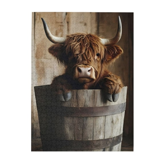 500-Piece Wooden Jigsaw Puzzle for Adults - Highland Calf Horn Barrel , Fun & Relaxing Family Game, No-Dust Interlocking Pieces, Perfect Wall Decor & Holiday Gift