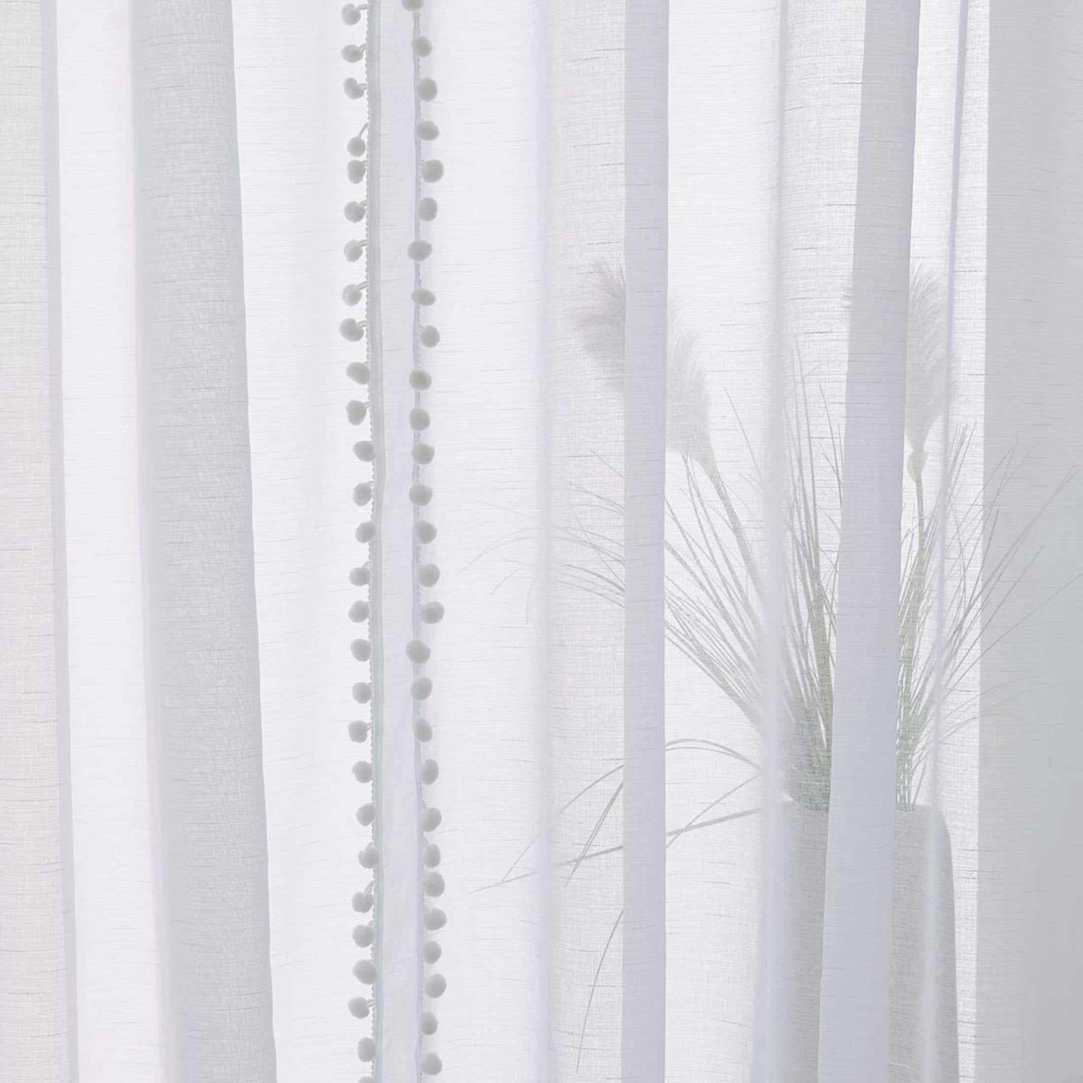 Exultantex White Pom Pom Linen Curtains 95 Inch Long Sheer Panels Elegant Decorative Voile for Living Room,Rod Pocket