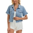 thumbnail image 2 of INSPIRE CHIC Women's Short Sleeve Denim Jacket Button Down Lightweight Ruffle Jean Jacket 2XL Light Blue, 2 of 6