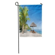 POGLIP Blue Luxury Tropical Beach Landscape Deckchair and Parasol from Nosy Be Madagascar Umbrella Garden Flag Decorative Flag House Banner 12x18 inch