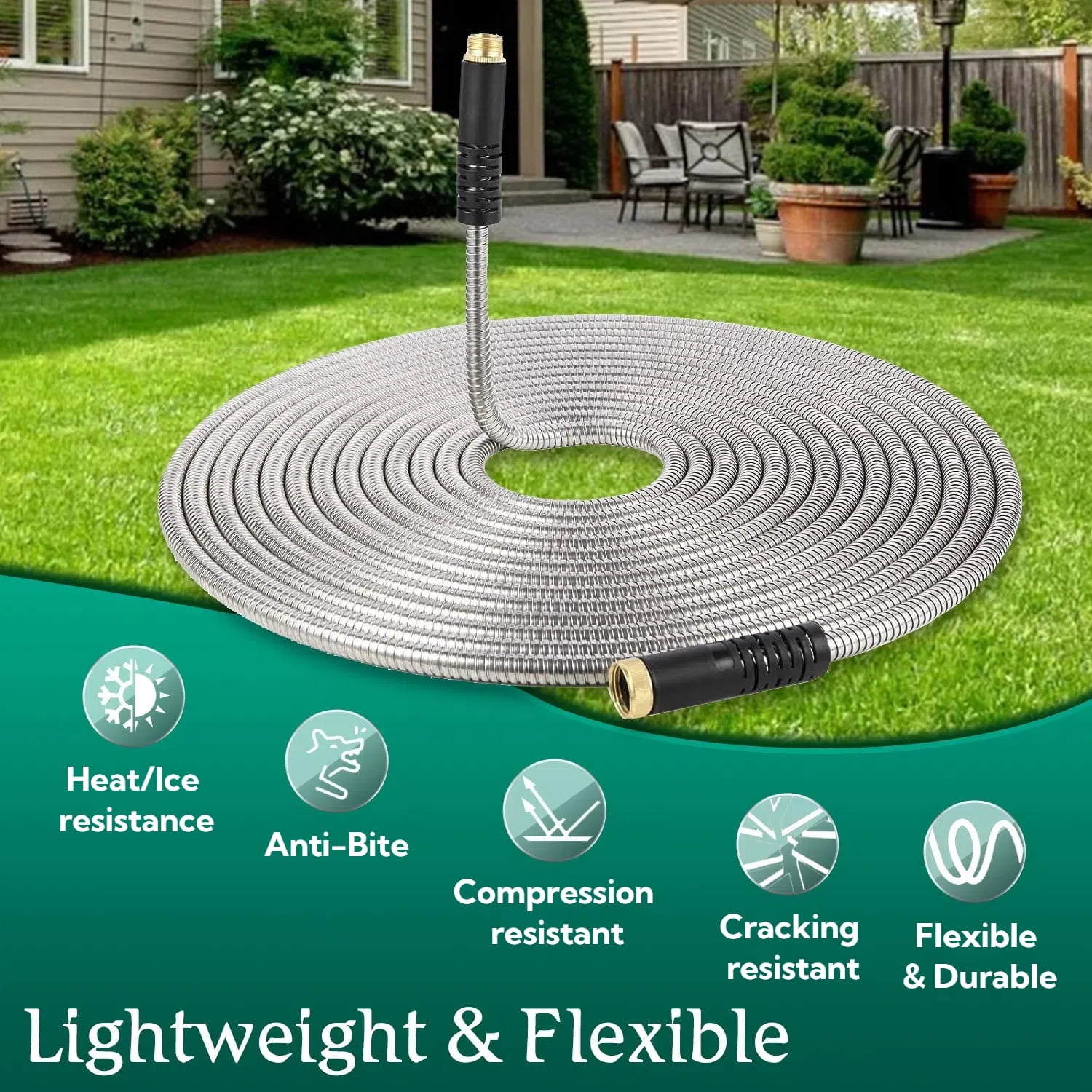 Teblint Metal Garden Hose 50ft, 304 Stainless Steel Garden Hose, Heavy Duty Water Hoses with 10 Function Hose Nozzle, Flexible, No Kink & Tangle, Leak & Puncture Proof, 150psi