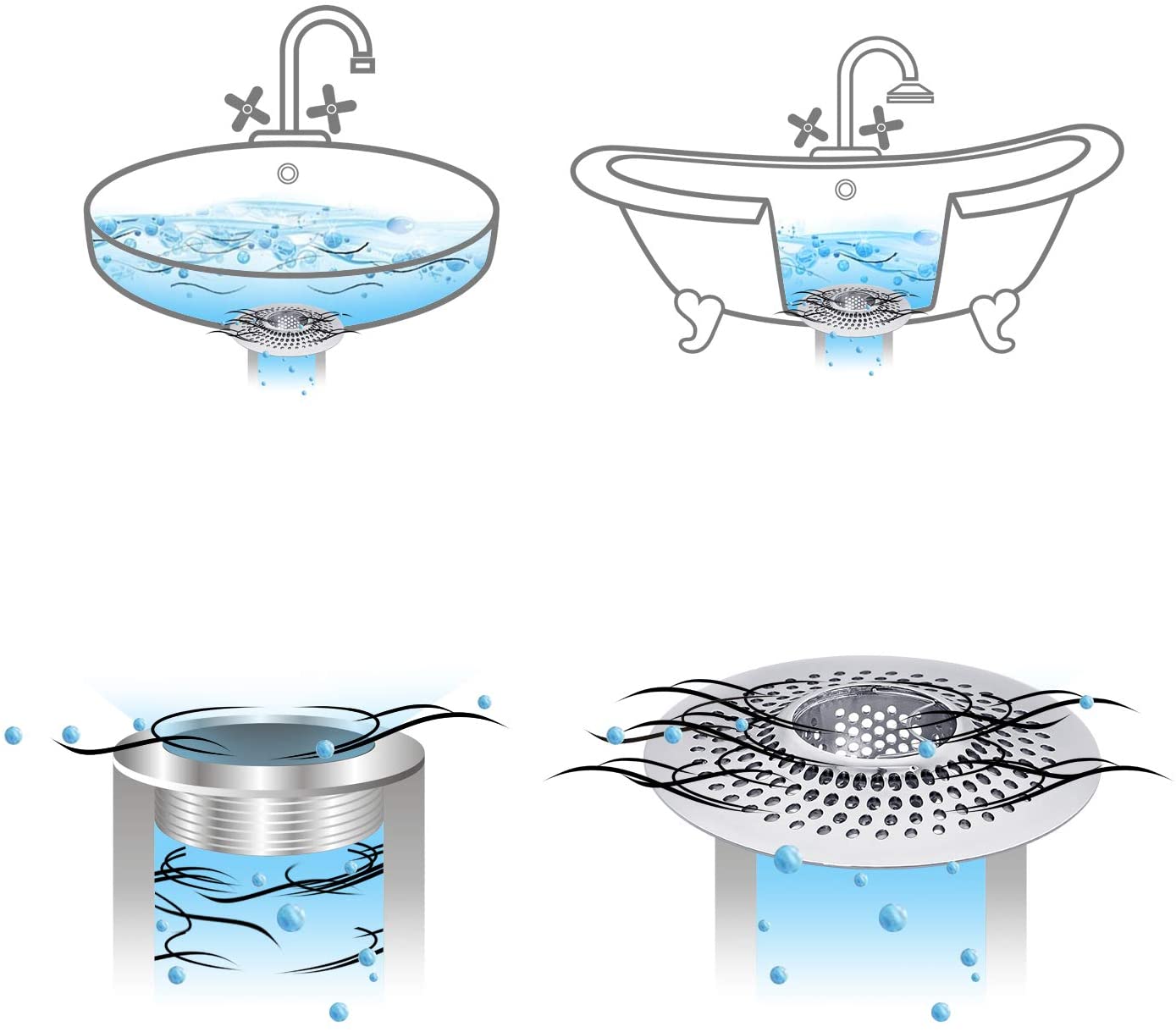 2 Pièces Attrape-Cheveux Silicone Pour Douche/Baignoire - Maille 1.5mm, Ventouse Anti-Glisse | Filtre Anti-Bouchage