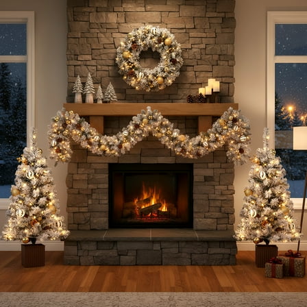Ktaxon Snow Flocked Christmas Set of Garlands,Wreath and Christmas Tree for Porch Front Door Decor, Lighted Holiday Xmas Tree Indoor & Outdoor
