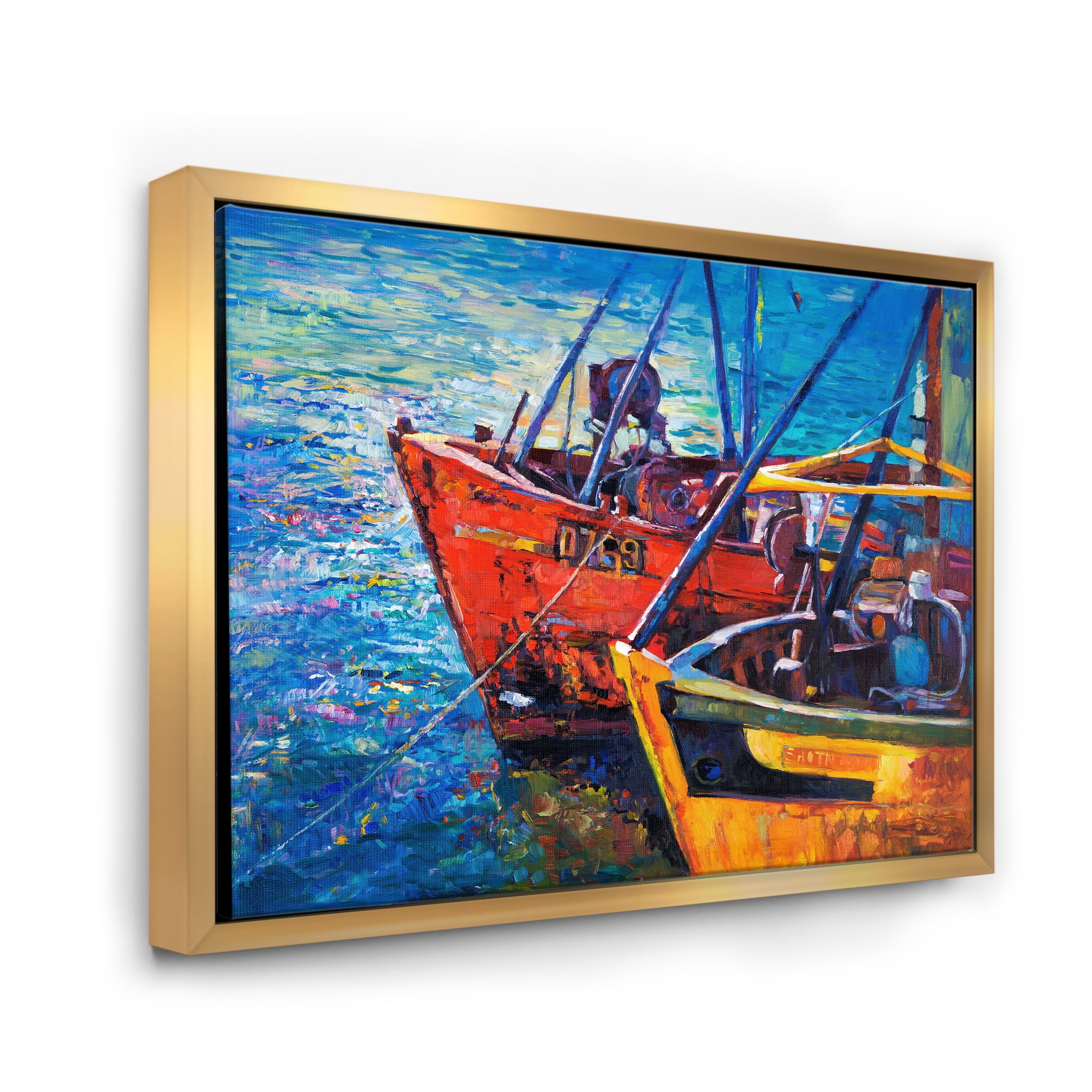 Designart 'Boats During Warm Sunset Resting On The Water VII' Nautical & Coastal Framed Canvas Wall Art Print