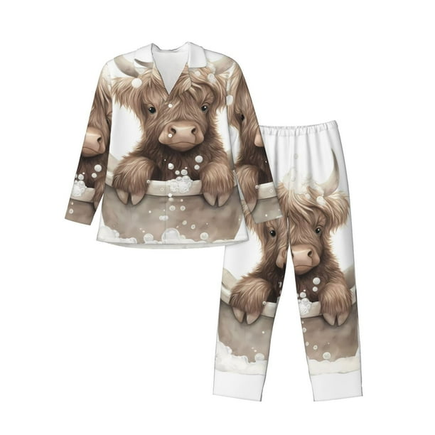 Fotbe Cute Cow Bath Pijama de Hombre con Estampado de Manga Larga, Conjunto de 2 Piezas, Ropa de Dormir Suave y Cómoda con Bolsillos-Medium