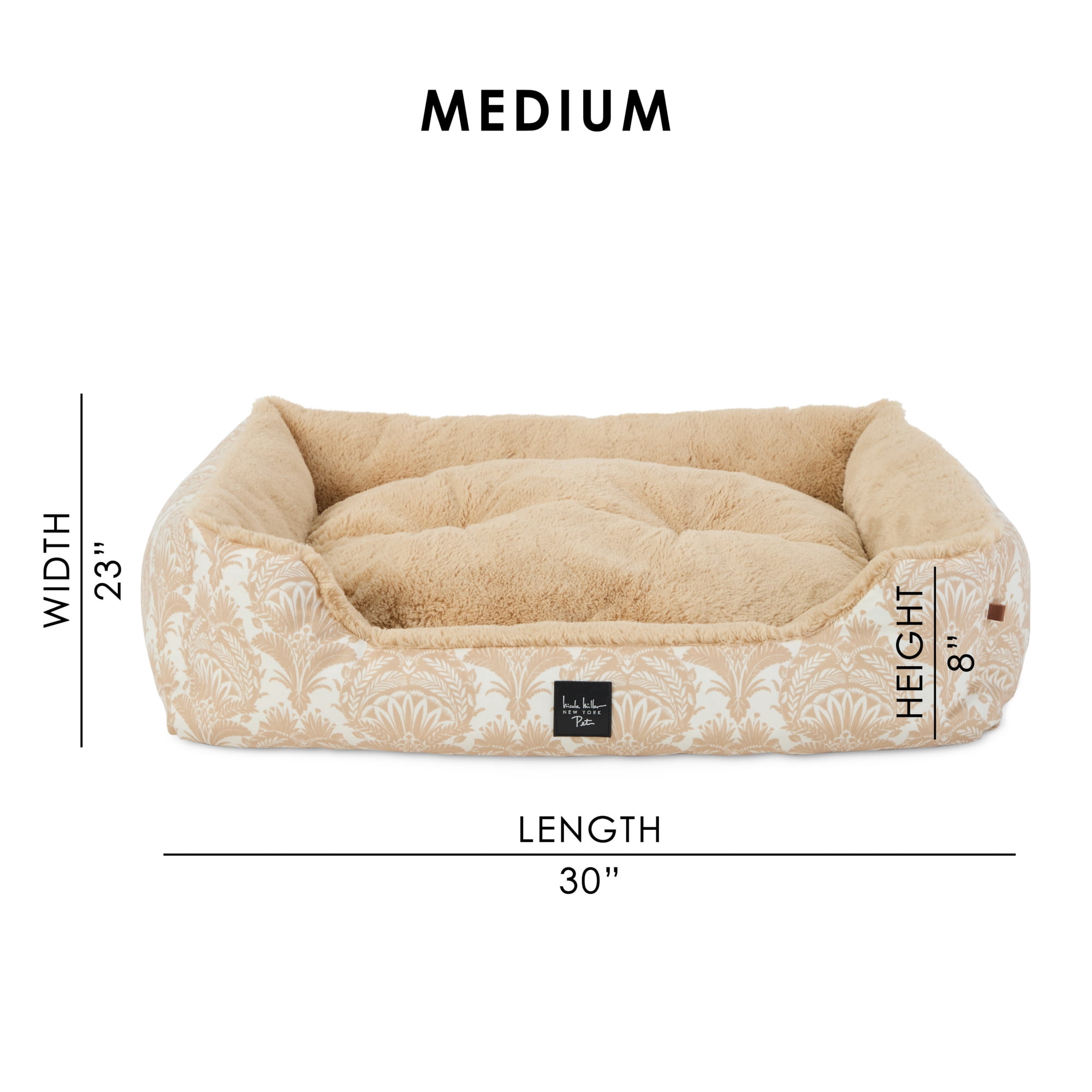 NICOLE MILLER NEW YORK PET Mod Damask Plushy Bolster Pet Bed, Cozy & Calming, Water Repellent, Non-Slip Bottom, 100% Machine Washable, Taupe, Medium 30"x23"x8"