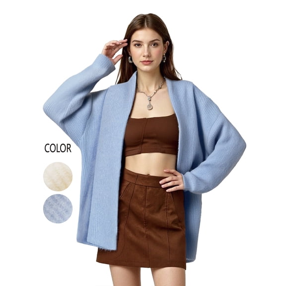 PAOLA RIBONI Lightweight Open-Front Cardigan in Soft Gray for Women, Relaxed Fit Sweater Crafted with RWS Wool & Recycled Polyester for Cozy Styling