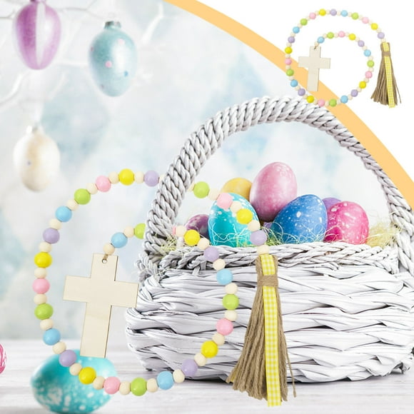Guirnalda de cuentas de madera para Pascua, decoración rústica, rosario de cuentas de madera con borla para colgar en la pared, bandeja escalonada con cruces, decoración rústica para el