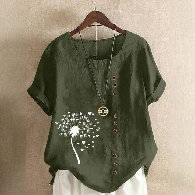 Lydiaunistar Womens Spring Tops Plus Size Casual Printed Short Sleeve Button Blouse Round Neck T-Shirt Lightweight Polyester Army Green
