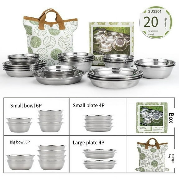 Stainless steel camping plate, 20-piece set, portable and ultra-light