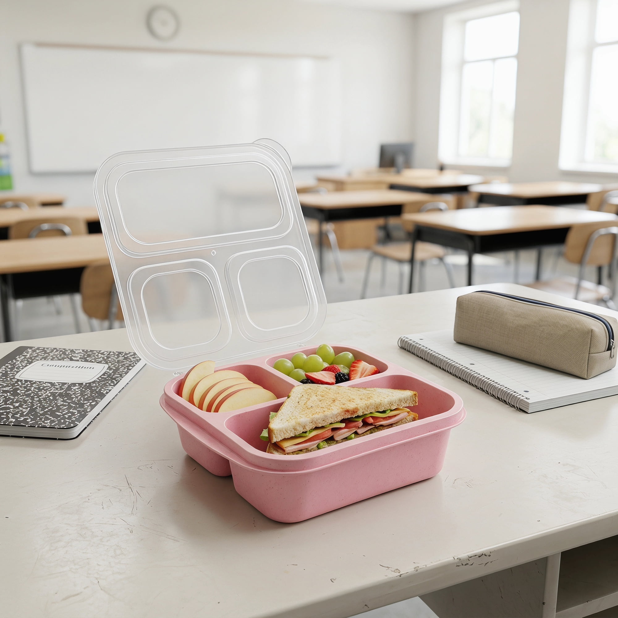 Unique Bargains Wheat Straw Leak-Proof Meal Lunch Bento Box for Work Travel Pink