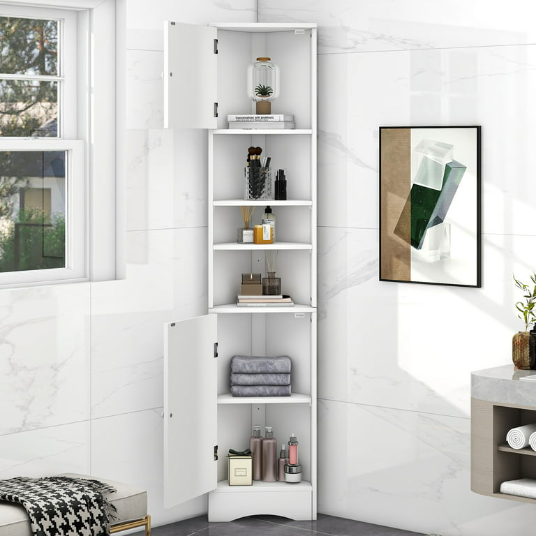 Multi-Functional Corner Cabinet Tall Bathroom Storage Cabinet with Two  Doors and Adjustable Shelves, Open Shelf, White 