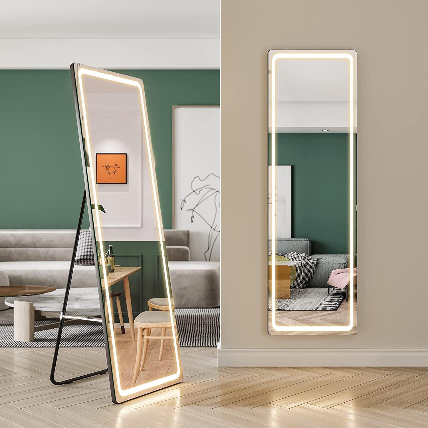 FENNIO 63" x 20" Full Length Mirror with Lights and Stand, Wall Mounted and Floor Standing