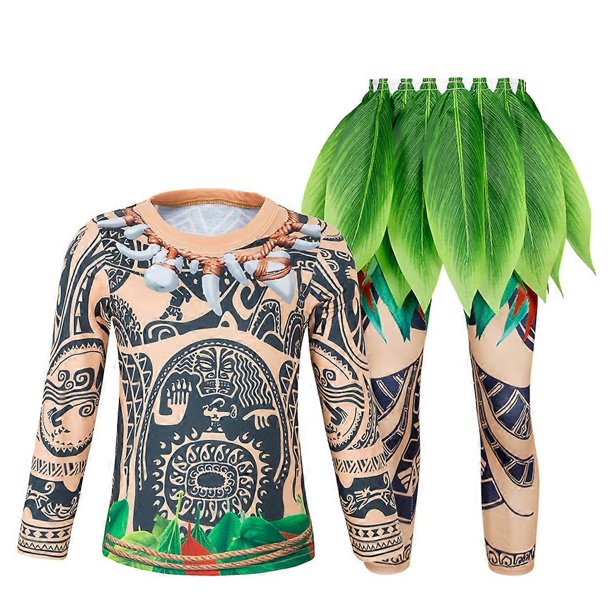 Conjunto de dos piezas de manga larga con estampado de dibujos animados de aventura oceánica para niños de 3 a 8 años, conjunto informal con top, pantalón y falda de hierba, multicolor.