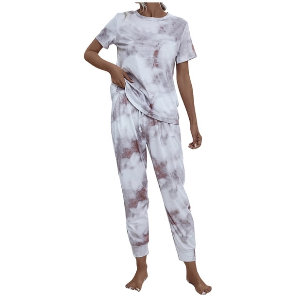 Pantalones Casuales de las Mujeres Imprimen Manga Corta Cuello Redondo Superior Y Pantalones Largos de Cintura Elástica, Juego Deportivo Casual