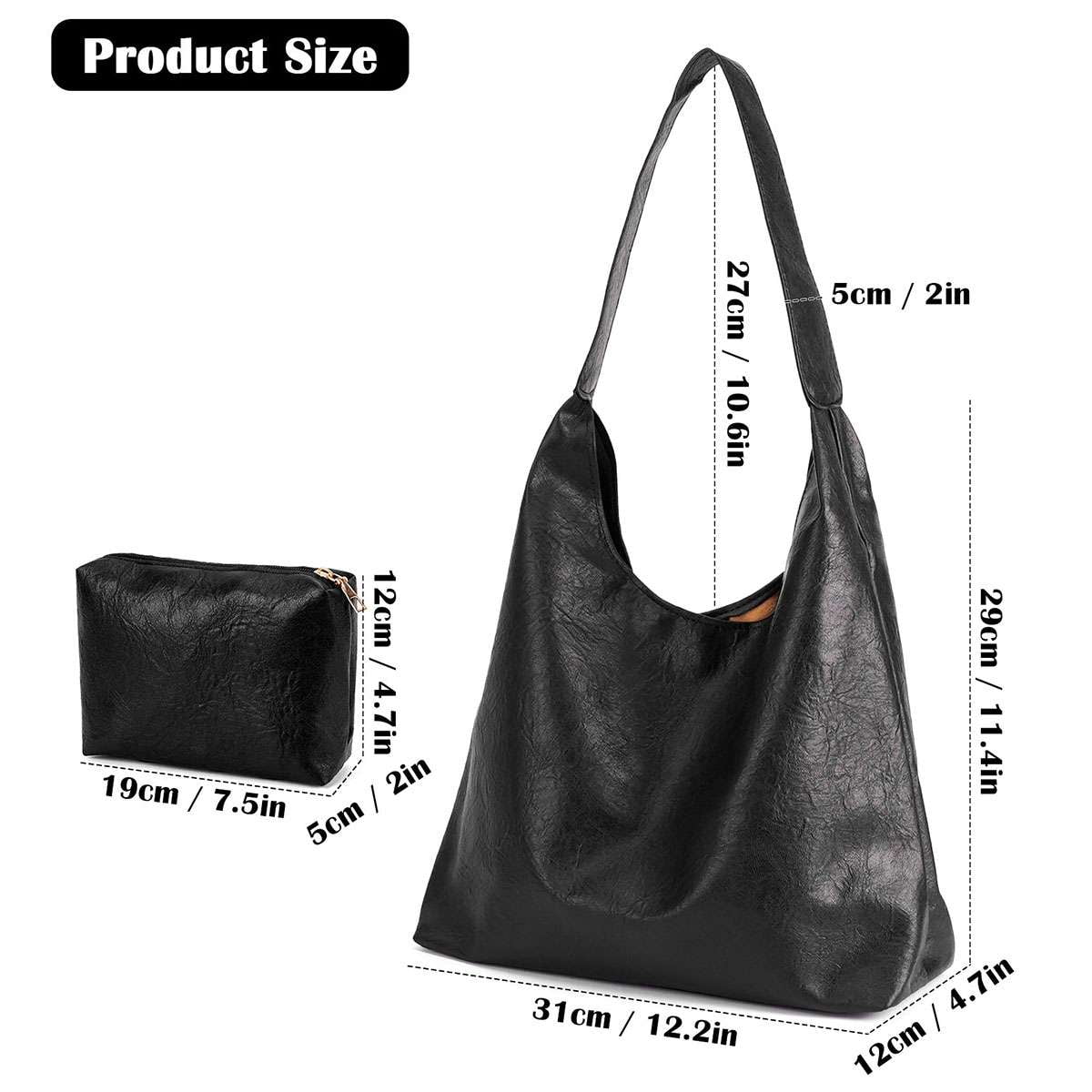 Spencer Retro PU Bags for Women Tote Bag with Purse Slouchy Bag Hobo Handbag Crescent Satchels Shoulder Bag, 2pcs Bag Set, Black