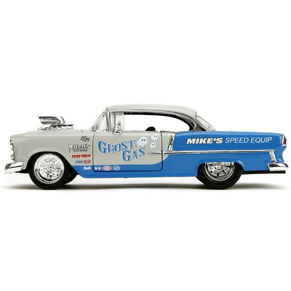 1955 Chevrolet Bel Air "Ghost Gas - Mike's Speed Equip" Light Gray and Blue "Bigtime Muscle" Series 1/24 Diecast Model Car by Jada