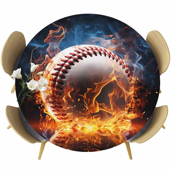 Baseball Table Cloth, Round Fitted Tablecloths with Elastic Edge, Sports Theme Gradient Orange Blue Black Wipeable Waterproof Table Cover for Kitchen Wedding 55-60 Inches